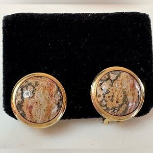 Jasper Gold Tone Round Domed Earrings Natural Stone Vintage Pierced